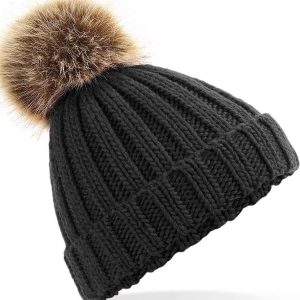 Beechfield Junior Faux Fur Pom Pom Chunky Beanie - Image 1