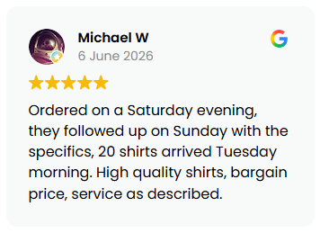 Review card: Michael W, 6 June 2026, 5 stars; text praising order of 20 shirts—arrived Tuesday morning with high quality, bargain price, and good service.