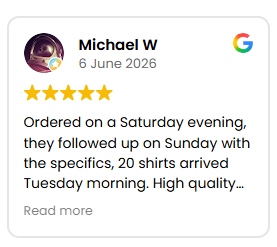 Google review by Michael W, June 6, 2026, 5 stars; positive feedback on weekend order, prompt follow-up, and early delivery of 20 shirts.
