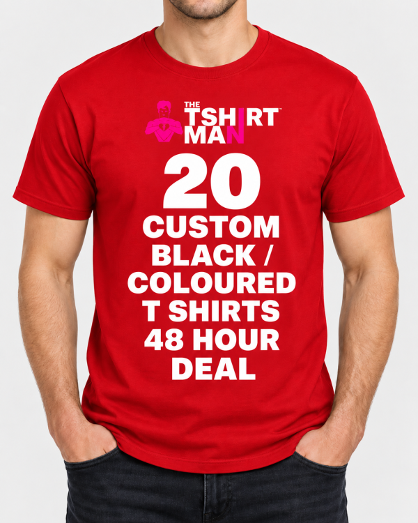 Red promotional T-shirt displaying a deal for 20 custom black or coloured T-shirts with a 48-hour deadline; small pink logo near the top.