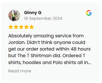 Review card showing Ginny G's five-star Google review from 18 September 2024, with avatar, and a short testimonial about ordering T-shirts.