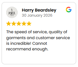 Five-star testimonial card for Harry Beardsley (30 January 2026) praising fast service and garment quality; Google logo shown.