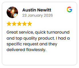 Review card: Austin Newitt, January 23, 2026, five stars, praising great service, fast turnaround and flawless delivery of a specific request.