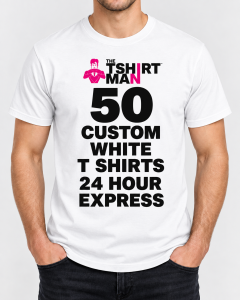 50 Custom Printed White T-Shirts – 24 Hour Express