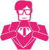 Pink superhero silhouette with cape and mask, standing heroically with hands on hips.