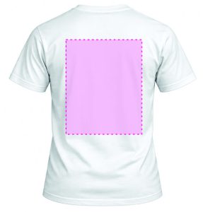 Back view of a white T-shirt with a pink dashed square marking the printable area on the chest/upper back area