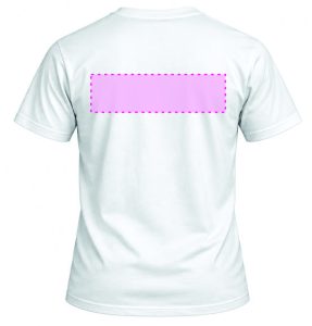 Back of a white t-shirt with a pink dashed rectangle showing the printable area on the upper back.