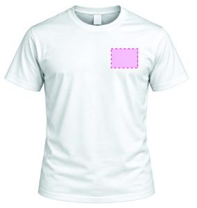 White short-sleeve T-shirt with a pink dashed square on the left chest indicating a pocket area (spot for customization).
