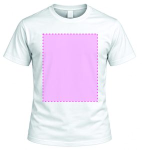 White t-shirt with a pink square design area centered on the chest outlined by a magenta dashed border.