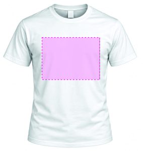 White T-shirt with a pink dashed rectangle on the chest, indicating the printable area.