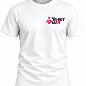 White T-shirt with a left-chest logo: 'THE TSHIRT MAN' in black and pink, plus a pink superhero icon