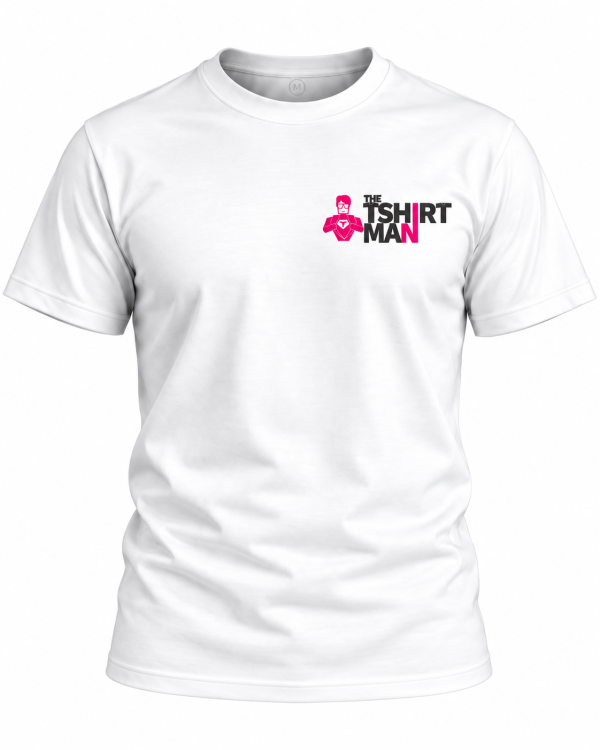 White T-shirt with a left-chest logo: 'THE TSHIRT MAN' in black and pink, plus a pink superhero icon
