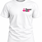 White T-shirt with a left-chest logo: 'THE TSHIRT MAN' in black and pink, plus a pink superhero icon