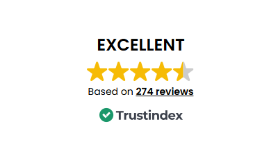 Trustindex badge showing an Excellent rating with five gold stars and one gray star, based on 274 reviews.