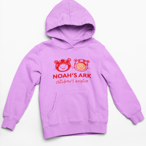 Lavender hoodie with red Noah's Ark Children's Hospice logo and two smiling cartoon faces on the chest.