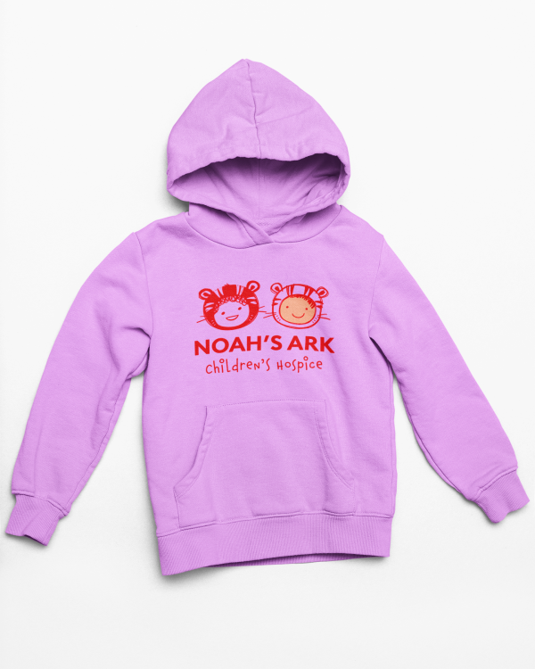 Custom Printed T Shirts - The T Shirt Man 2 โ The T Shirt Man | Next Day T Shirt Printing & Custom Hoodies Lavender hoodie with red Noah's Ark Children's Hospice logo and two smiling cartoon faces on the chest.