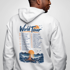 Person in a white hoodie viewed from behind, revealing a large blue-and-orange 'World Tour' graphic on the back with a sunset scene and small text.